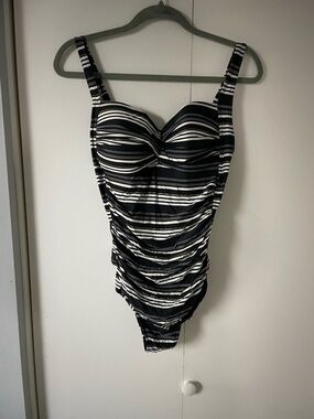 Bond-Eye Australia Ruched Black & White Striped One-Piece Swimsuit